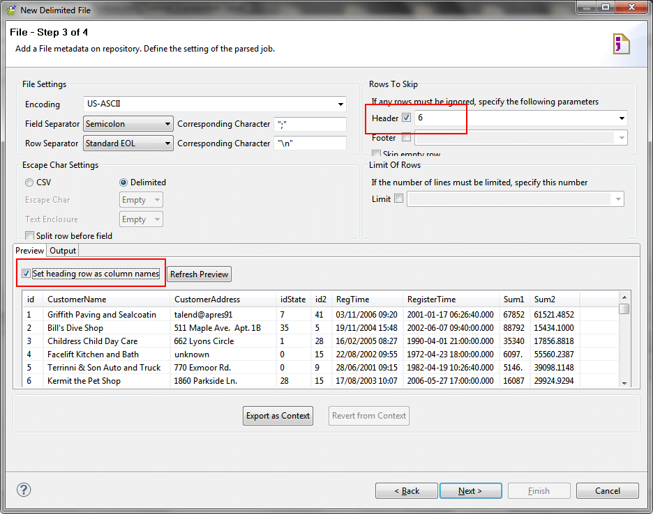 talend csv mysql